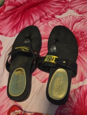 Lauren Ralph Lauren Black Leather Thong Sandals with Gold Logo Accent